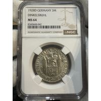 Германия 3 марки 1928 Динкельсбюль слаб NGC MS64