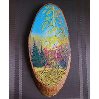 Панно на спиле дерева, каменная крошка, пейзаж.