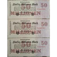 50 миллионов марок. 1923 г. Германия. 3 шт. Номера подряд. Unc.