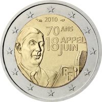 2 евро 2010 Франция 70 лет речи Шарля де Голля Ко всем французам  UNC из ролла