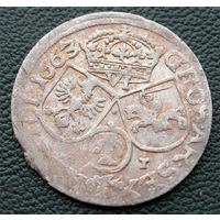 6 грошей (шостак) 1663 AT, Ян II Казимир Ваза, Краков. Без обводок на Ав и Рв., Рв: - углы щитов простые, Герб Вазов в круглом щите. Более редкая разновидность