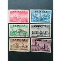 Польша 1945 Полная серия марок "Взгляд из Варшавы: до и после ее разрушения" (гашение без клея, на нескольких есть следы наклеек) Mi.414-419 каталог 2.50 евро