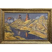 Дударенко Л.А "Отражение истории.Башни Новогрудской земли",1973г. Картон, масло. Размер с рамой 96,5х67 см.