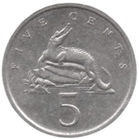 Ямайка (Королевство Содружества Наций). 5 центов 1987. Фауна. Острорылый крокодил.