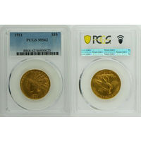 10 долларов 1911 г. Голова индейца. США. PCGS MS 62. Золото. KM# 130.