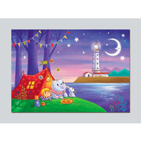 Открытка почтовая. Ночь Лето. Поход. Палатка. Девочка. Мишка, зайчик. Море. Маяк. Худож. И.Смирнова (чистая)