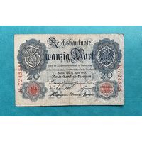 Германия Имперская банкнота 20 марок 1910 года K-724555 серия из шести цифр