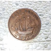 1/2 пенни 1944 года Великобритания. Король Георг 6. Очень красивая родная патина!