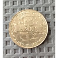 Италия. 200 лир 1996. 100 лет Академии финасовой полиции. Распродажа личной коллекции