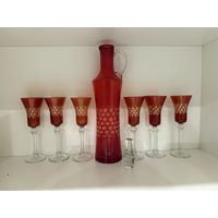 Графин и 6 фужеров. Набор для ликёра.  Рубиновое стекло.  Распродажа коллекции!!!