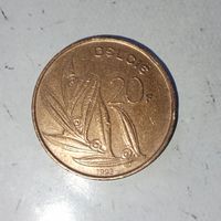 20 франков 1993 года Бельгия. Король Бодуэн 1. Надпись на голландском-"BELGIE". Красивая родная патина!