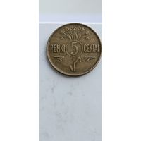 5 центов 1925 года. Литва - Первая Республика (1925 - 1938). Монета не чищена. 2512