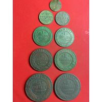 1/4 копейки 1898; 1/2 копейки 1897,1899; 1 копейка 1896,1912; 2 копейки 1911,1912; 3 копейки 1910,1911. С рубля, без м.ц. См. др. мои лоты.