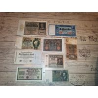 Банкноты Германии, 9 штук, состояние разное.