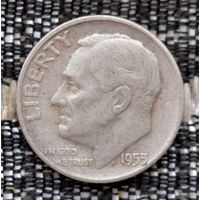 США 10 центов 1953 года, D. Дайм. Франклин Делано Рузвельт. Серебро! Сторгуй за свою цену, предложи обмен!