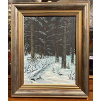 Риморович Э.Г "Зимой в лесу", 1997г. Холст, масло на картоне. Размер 53х26 см.