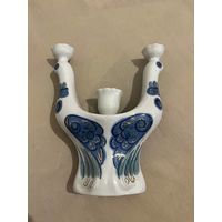 Редкий подсвечник в виде птиц с орнаментом , фарфор, роспись, золочение, Полонский ЗХК, скульптор Г. Погребная СССР 1973-1991 гг.