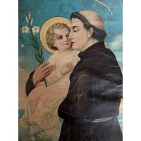 Старинная литография Святой Антоний Падуанский с младенцем