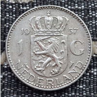 Нидерланды 1 гульден 1957 года. Королева Юлиана. Серебро. Сторгуй за свою цену, предложи обмен! Y30