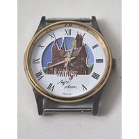 Новые !!! Часы Луч. Кварц. в упаковке и с документом. 1999 год. Красный костел. День. Ночь. солнышко и луна бегают между башенками.Новые . темный корпус. новая батарейка2.11.25г. !!!