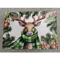Открытка олень в шарфе, новый год. Чистая