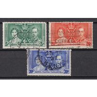 11.BrKS. Великобритания. Колонии.  Кения, Уганда и Танганьика. Коронация Георга VI и Елизаветы. 1937 г. Полная серия. Mi.##49-51.