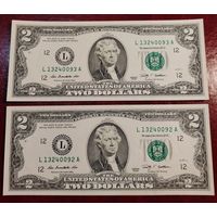 2 доллара 2009 г. Две банкноты одним лотом. Номера  подряд. Продажа возможна по отдельности.