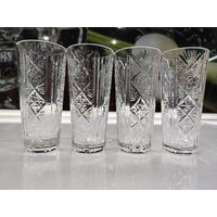 С 1 рубля. Винтажный Набор из 4-х стаканов с резным декором, хрусталь, алмазная грань, СССР, 1970-1980 гг.