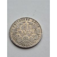 1 марка 1901 года. Германия. Вильгельм II. Серебро 900. Монета не чищена. 45434