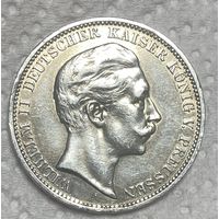 Монета 3 марки 1908 год. Пруссия. Германская империя. Вильгельм II