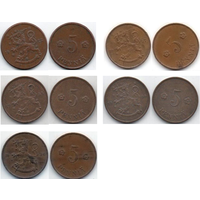 Финляндская Республика (Финляндия). 5 пенни 1922, 1934, 1936, 1937, 1938. Погодовка. Цена за одну монету.