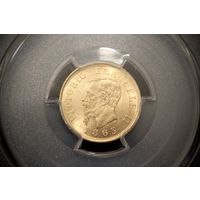 10 лир 1863 г. Италия, Виктор Эммануил II. PCGS MS63+
