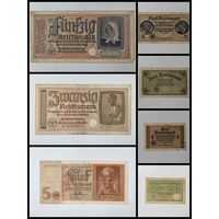 Банкнота  50 марок, 20 марок, 5 марок, 2 марки 1 марок, 1939-1942 гг. Германия. Одним лотом 7 банкнот. С рубля