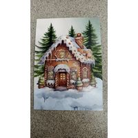 Открытка новогодние сюжеты: пряничный дом. Чистая