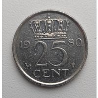 Нидерланды 25 центов, 1980_KM# 183_ отметки м. д. Петух и звезда