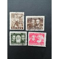 Польша 1948 Полная серия марок "100 лет революции 1848 года" (гашение без клея с наклейками) Mi.497-500 каталог 2.40 евро