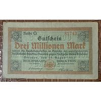 Банкнота 3 миллиона марок 1923 год. Дрезден. Веймарская республика.