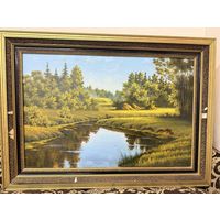 Винтажная картина маслом на холсте , Лесная речка, зеленые берега, и солнечный свет, в ретро рамке , художник Врублевский Павел , картина дотируемая 1997г.