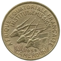 Подопечное Государство Камерун (Французский Камерун) и Французская Экваториальная Африка. 25 франков 1958. Фауна. Антилопы (Западная канна).