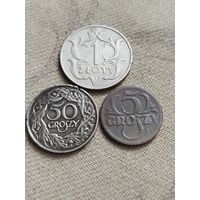 Распродажа - 5 грошей 1923г.,50 грошей 1923г,1 злотый 1929г,ПОЛЬША