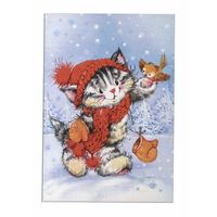 Открытка. С новым годом! Ёлочка. Фауна. Животные. Котики. Серый котенок. Варежка, рукавичка, птичка. . Худ. Е. Фаенкова (чистая)