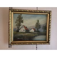 Картина Пейзаж с золотой раме масло холст Европа антик