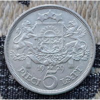 Латвия 5 лат 1929 года, UNC. Герб Латвии. Серебро. Сторгуй за свою цену, предложи обмен! S120