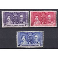 14.BrKS. Великобритания. Колонии.  Острова Гилберта и Эллис. Коронация Георга VI и Елизаветы. 1937 г. Полная серия. Mi.##35-37.