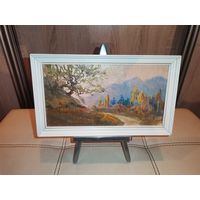 Пейзаж маслом на ДВП, 1993 год, размер 25.5*15 см., "Этюд Сочи".