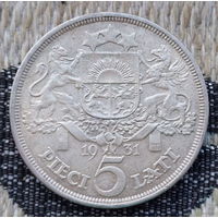 Латвия 5 лат 1931 года, UNC. Герб Латвии. Серебро. Предложи свою цену или обмен! S120