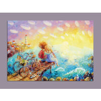 Открытка почтовая. Лето. МОре. Маяк. Пара. Дети. Путешествие. Велосипеды. Худож. А.Столбова (чистая)