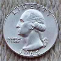 США 25 центов 1964 года, D. AU.  Квотер. Джордж Вашингтон. Серебро! Сторгуй за свою цену, предложи обмен!