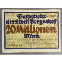 Банкнота 20 миллионов марок 1923 год. Бергедорф. Веймарская республика. С рубля без МЦ