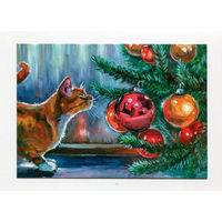 Открытка. С новым годом! Ёлочка. Фауна. Животные. Котики. Рыжая кошка. Игрушки на ёлке.  Худ. С.Шамшурина (чистая)